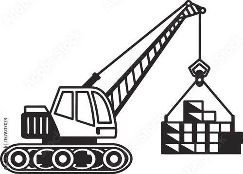 Vector illustration of a construction crane lifting aheavy load of cargo.Industrial black silhouette design on transparent background.Perfect for building and transport themes.black clipart  isolated
