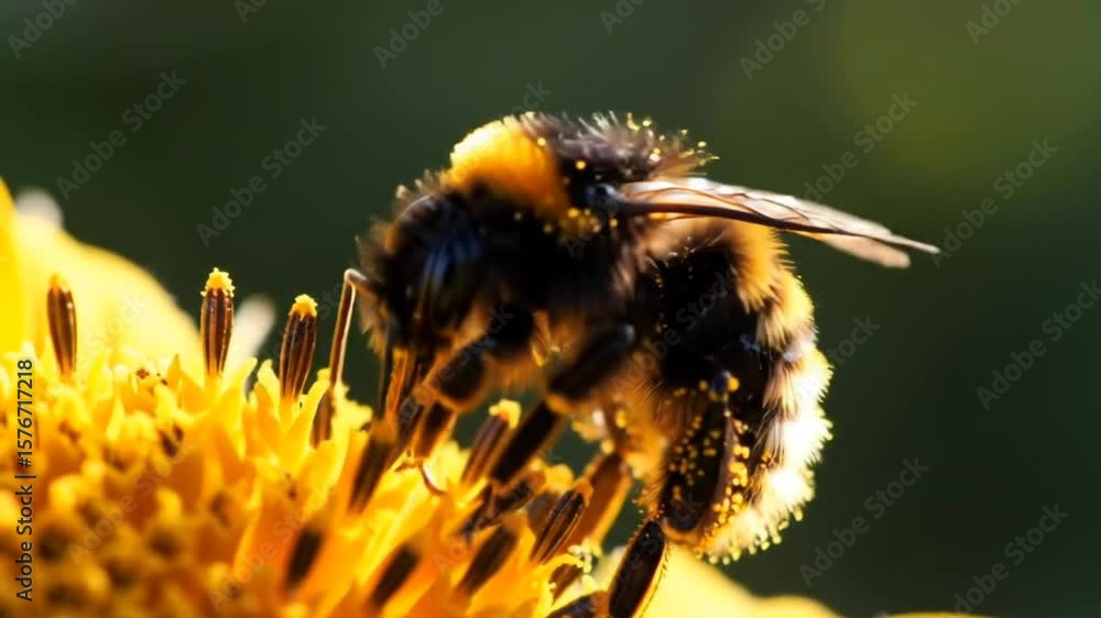 Close-up of bumblebee collecting pollen on bright yellow flower in summer sunlight. Nature concept Close-up of bumblebee collecting pollen on bright yellow flower in summer sunlight. Nature concept