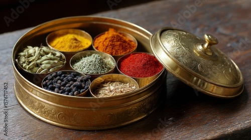 Traditional Brass Spice Box Open with Colorful Masala Selection