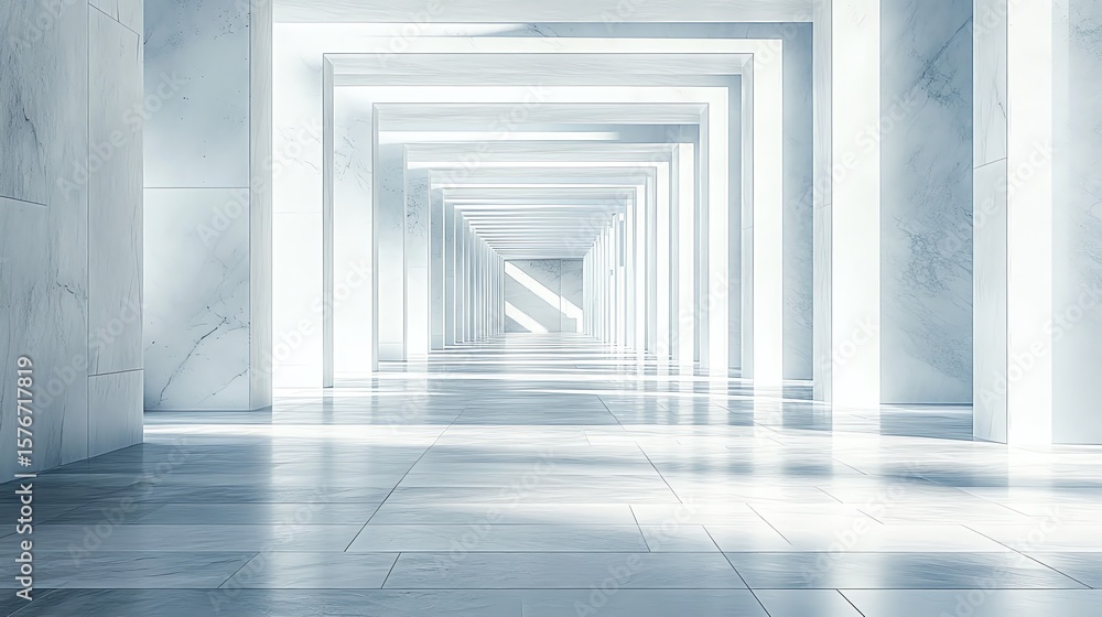 Obraz premium Empty Marble Hallway Perspective with Sunlight