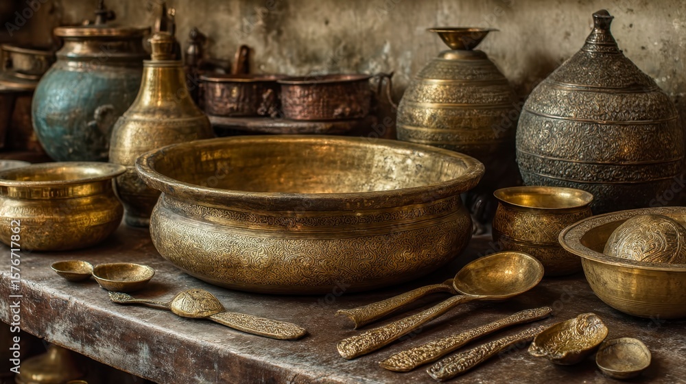 Fototapeta premium Traditional Brass Utensils Arranged on Rustic Wooden Table