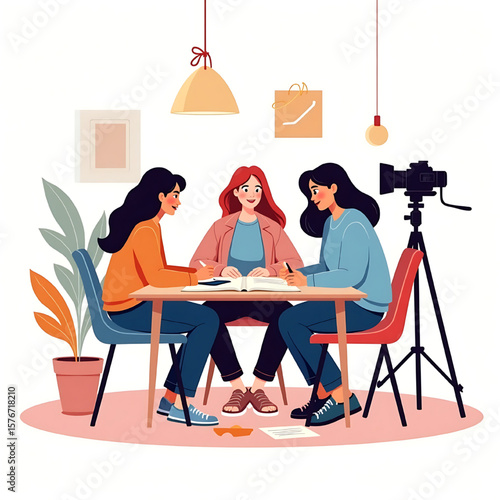Three women collaborating around a table, likely during a video production session.