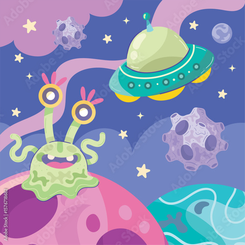 Space Scene with alien and spaceship