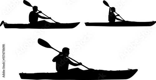 2 vector silhouettes of a male and female "flat water" kayaking together in a tandem kayak. 2 Vector Silhouettes of a man kayaking and a woman kayaking in a single