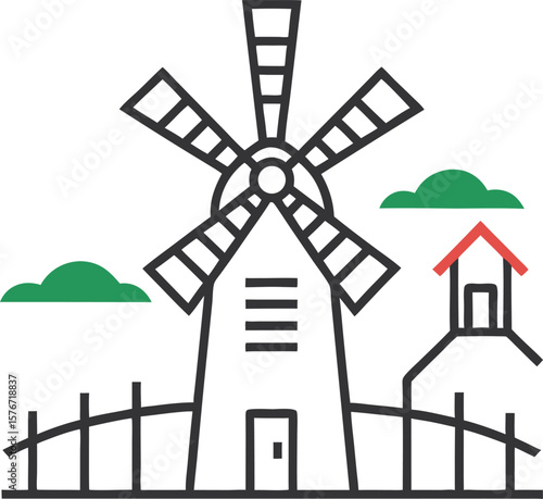 Line‑art of a windmill on farm, rural agriculture with white background.