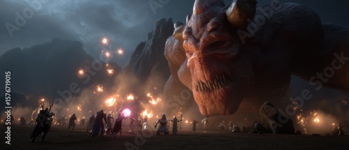 Epic mmo raid battle with players casting spells against giant monster