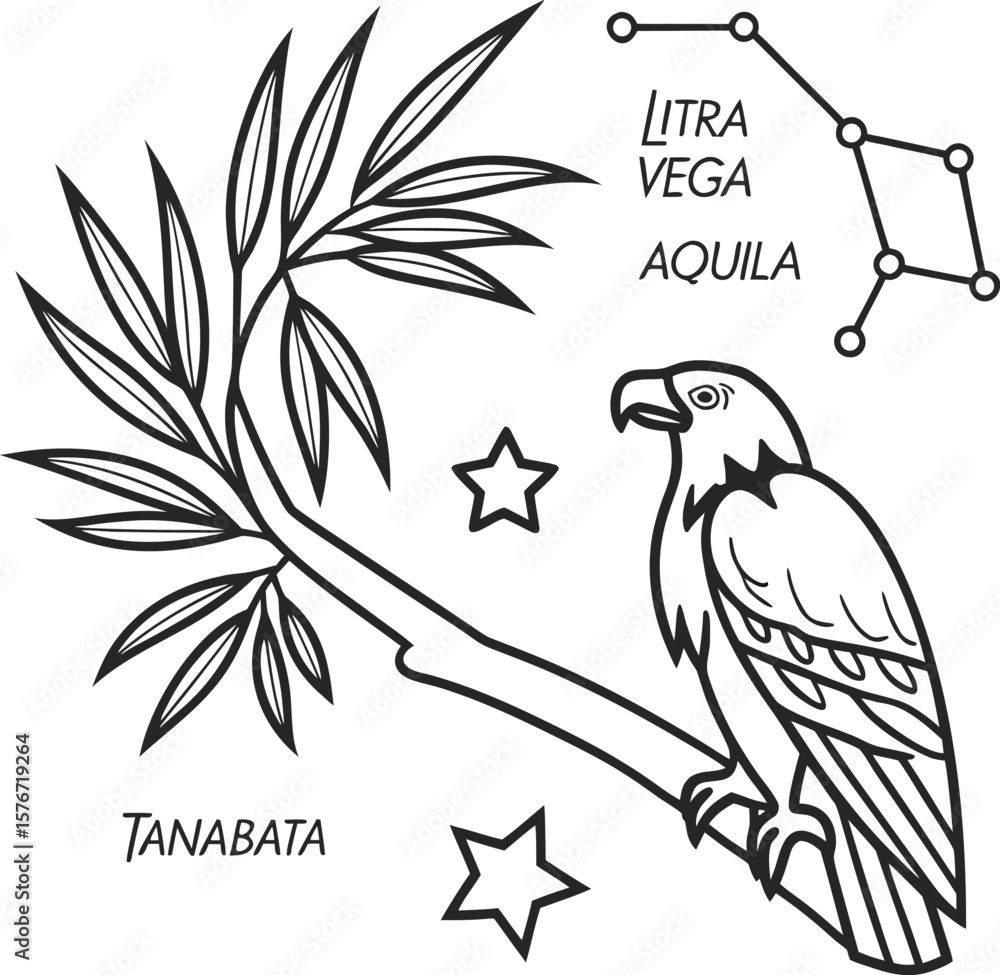 Naklejka premium eagle sitting on tree branch with stars and leaves