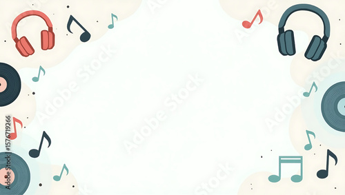 Music themed background with headphones, vinyl records, and musical notes on a light backdrop.
