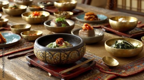 Traditional Korean Table Setting with Brass Bowls and Delicacies