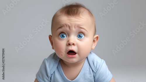 Chubby baby boy with bright blue eyes, looking startled, surprised or slightly scared