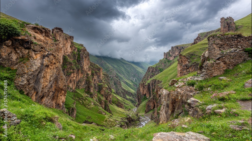 Naklejka premium A narrow mountain pass with rugged cliffs and scattered greenery under cloudy skies
