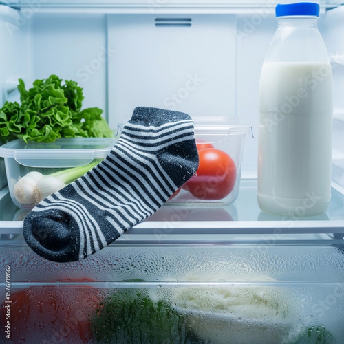 A striped sock is placed on a shelf inside a refrigerator, alongside food items like lettuce, tomato, and a bottle of milk.