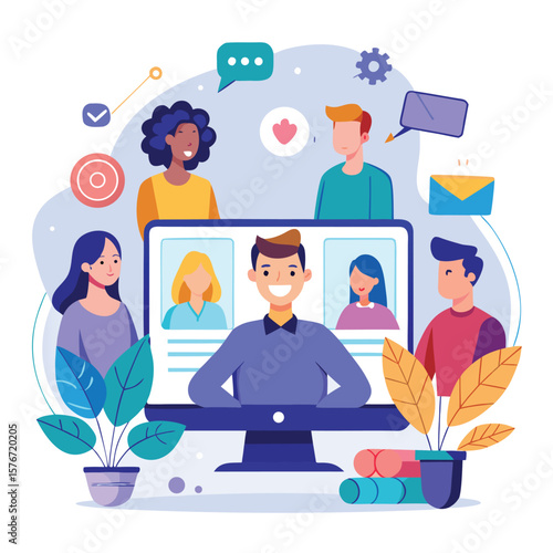 Online meeting illustration depicting video conference with diverse colleagues and remote team collaboration