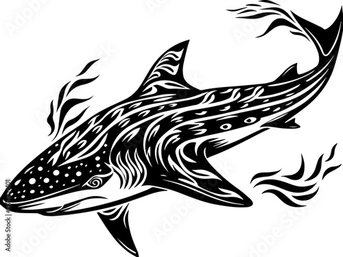 SVG illustrating marine life protection with ocean creatures and conservation themes. Black and White Artistic Shark Design with Intricate Patterns