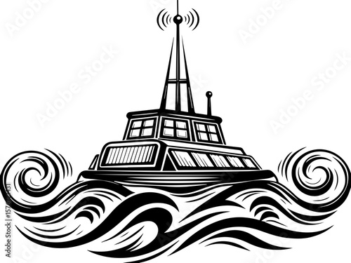 SVG illustrating marine life protection with ocean creatures and conservation themes. Black and White Illustration of a Boat on Waves with Communication Antenna
