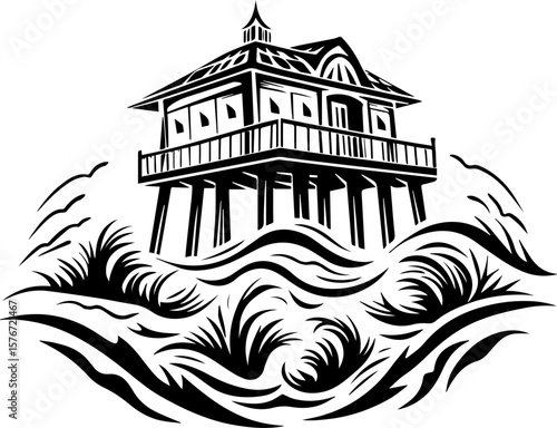 SVG illustrating marine life protection with ocean creatures and conservation themes. Black and White Illustration of a Coastal House Amidst Waves