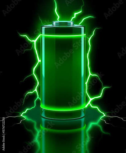 Illuminating Energy: An Artistic Depiction of a Vibrant Green Battery Surrounded by Dynamic Electric Flashes Against a Dark Background
