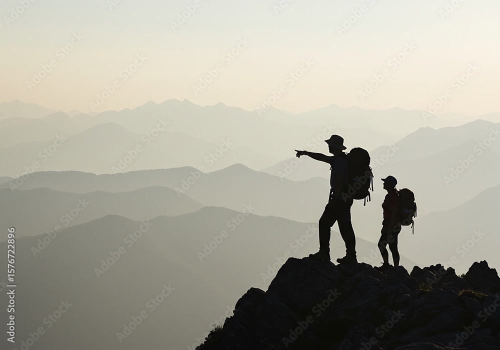Fototapeta premium Hikers Pointing to Misty Mountain Range at Sunrise. Generative Ai