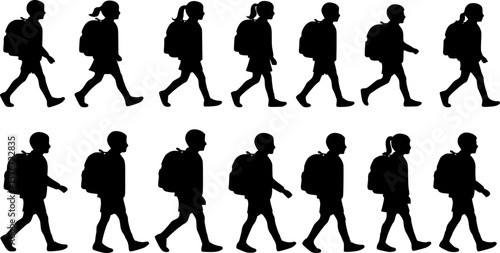 Silhouettes of schoolchildren walking with backpacks duty