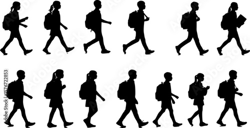 Silhouettes of schoolchildren walking with backpacks duty