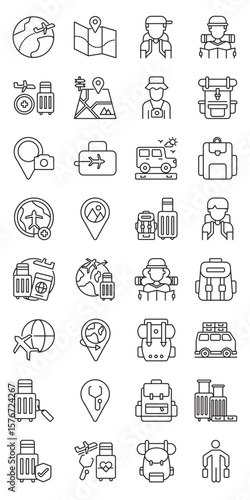 The Ultimate Backpacking Guide for Travelers set of web icons in line style. backpacking guide, ultimate backpacking, travel tips and backpacker essentials. Vector illustration