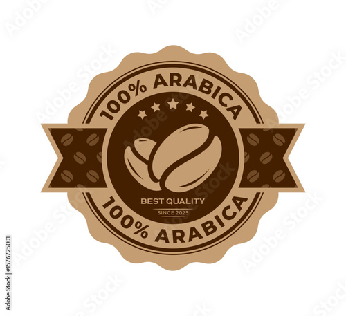 100% arabica coffee badge premium quality. Coffee beans with Circle label and ribbon. For logo, symbol, sign, icon, seal, tag, stamp, emblem. Vector Illustration