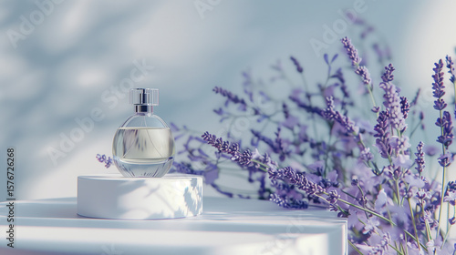 Glass perfume bottle on white podium. Floral lavender arrangement. Minimal mockup style, soft focus,Modern acrylic display soft lighting lavender for wellness showcase