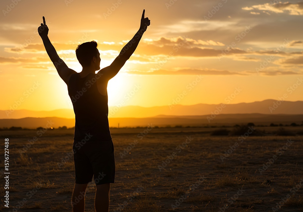 Fototapeta premium Silhouette of a man celebrating sunset in a desert landscape. Generative Ai