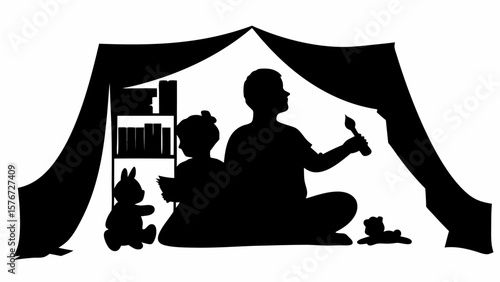 Silhouette of children in a blanket fort with books and stuffed animals reading and painting together indoors
