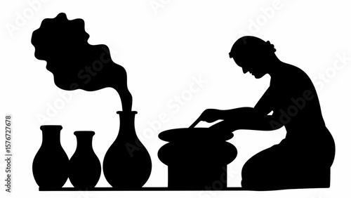 Silhouette of a potter shaping clay on a wheel with vases and smoke in the background in black and white