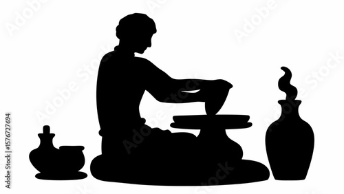 Silhouette of a potter shaping clay on a wheel with finished pots displayed to the side in black and white
