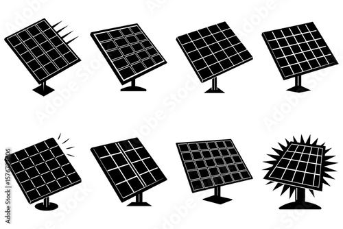Collection of eight solar panels in various styles and orientations in black and white illustration