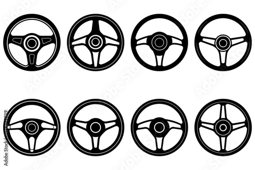 Collection of eight steering wheel designs in black and white showcasing various spoke arrangements and styles