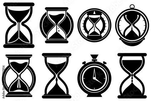 Collection of black and white hourglasses and a stopwatch showing the passage of time in different styles