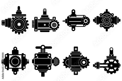 Collection of black and white mechanical gearboxes and valve systems in various orientations and designs