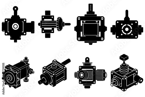 Illustration of various mechanical gearboxes and industrial machinery components in black and white style