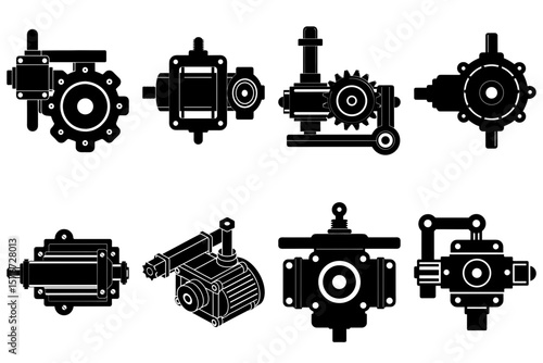 Illustration showing various mechanical gearboxes and pump mechanisms in black and white design