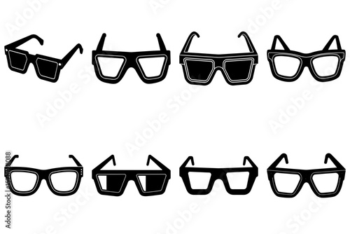 Collection of eight black and white glasses with different styles and shapes on a white background layout