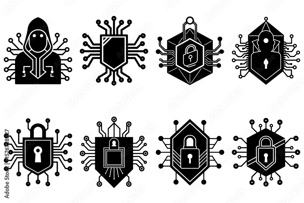 Fototapeta premium Collection of security icons featuring hooded figure shield and padlock with circuit board elements design