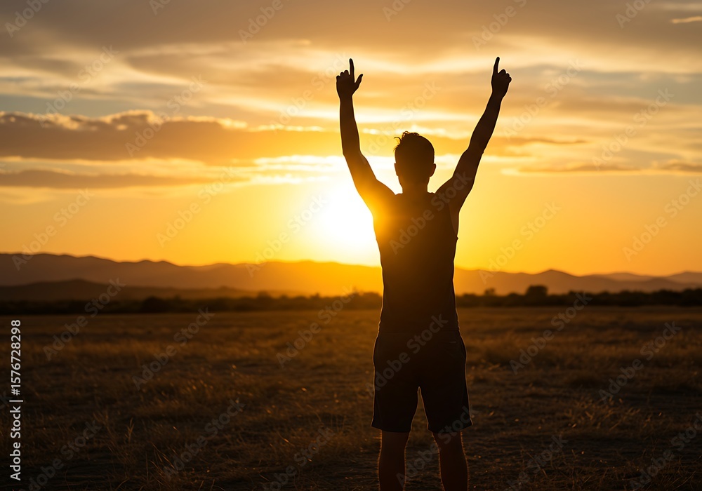 Fototapeta premium Silhouette of a man celebrating sunset in a desert landscape. Generative Ai