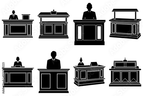 Illustration of multiple black silhouettes of podiums with people standing behind them in courtrooms