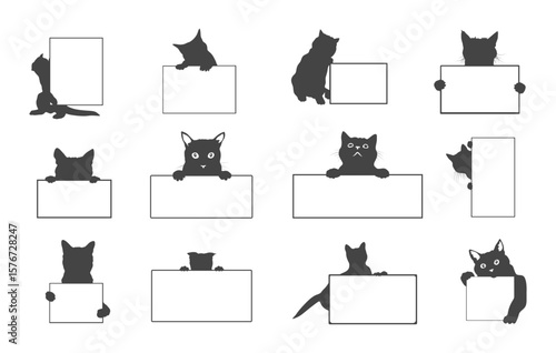 Cat holding a sign silhouette, Cat holding a sign svg, Cat holding a banner silhouette, Cat holding a banner svg. 