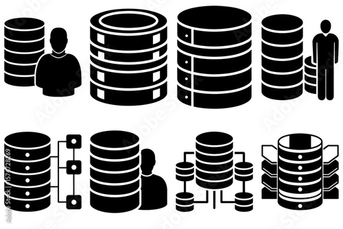 Illustration showing multiple database server icons with human figures in a black and white design
