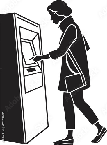 Silhouette vector of a woman using an ATM or self-service kiosk. Suitable for banking, finance, transactions, modern lifestyle, and digital payment concepts. black clipart  isolated on transparent 