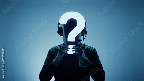 Silhouette of Person Holding Question Mark with Headset Against Blue Background for Adobe Stock
