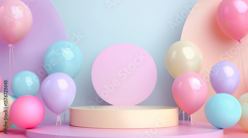 3D Rendering abstract minimal mixed geometric shapes scene with podium product display in soft pastel colors scene for commercial. 3d 