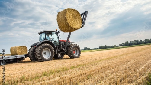 A tractor using machinery to move hay bales on a farm