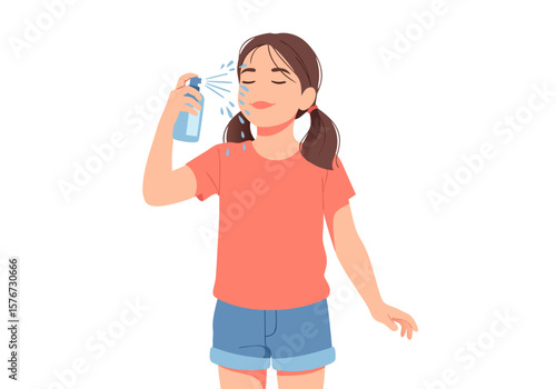 Vector SVG Illustration of Girl Spraying Hand Sanitizer in Modern Flat Style with Vibrant Colors