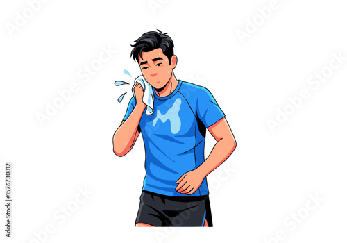 Vector SVG Illustration of Man Wiping Sweat in Modern Flat Style with Blue Shirt and Dark Shorts for Fitness or Health Themes