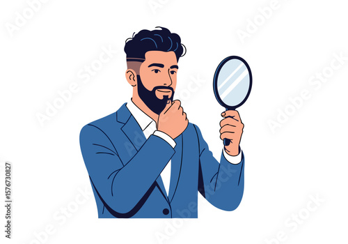 Vector SVG Illustration of Man in Suit with Mirror in Modern Flat Style Featuring Facial Expression and Hand Gesture in Blue Colors for Digital Media